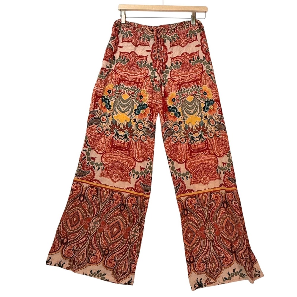 Angie | Paisley Floral Wide Leg Boho Pants Rust Orange Smocked Waist, Size S - Picture 2 of 5